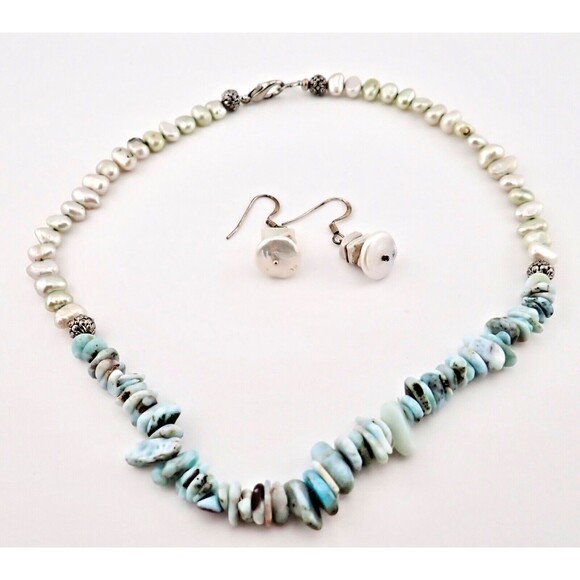 Squashed Pearl Blue Shell Beaded Chocker Necklace & Matching Hook Earring Set - Picture 4 of 7